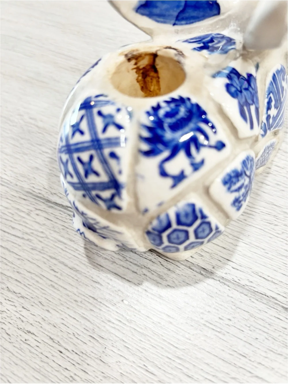 NANCY LOPEZ 1980 Blue & White Asian Pottery Mosaic Rabbit Bunny Candlestick